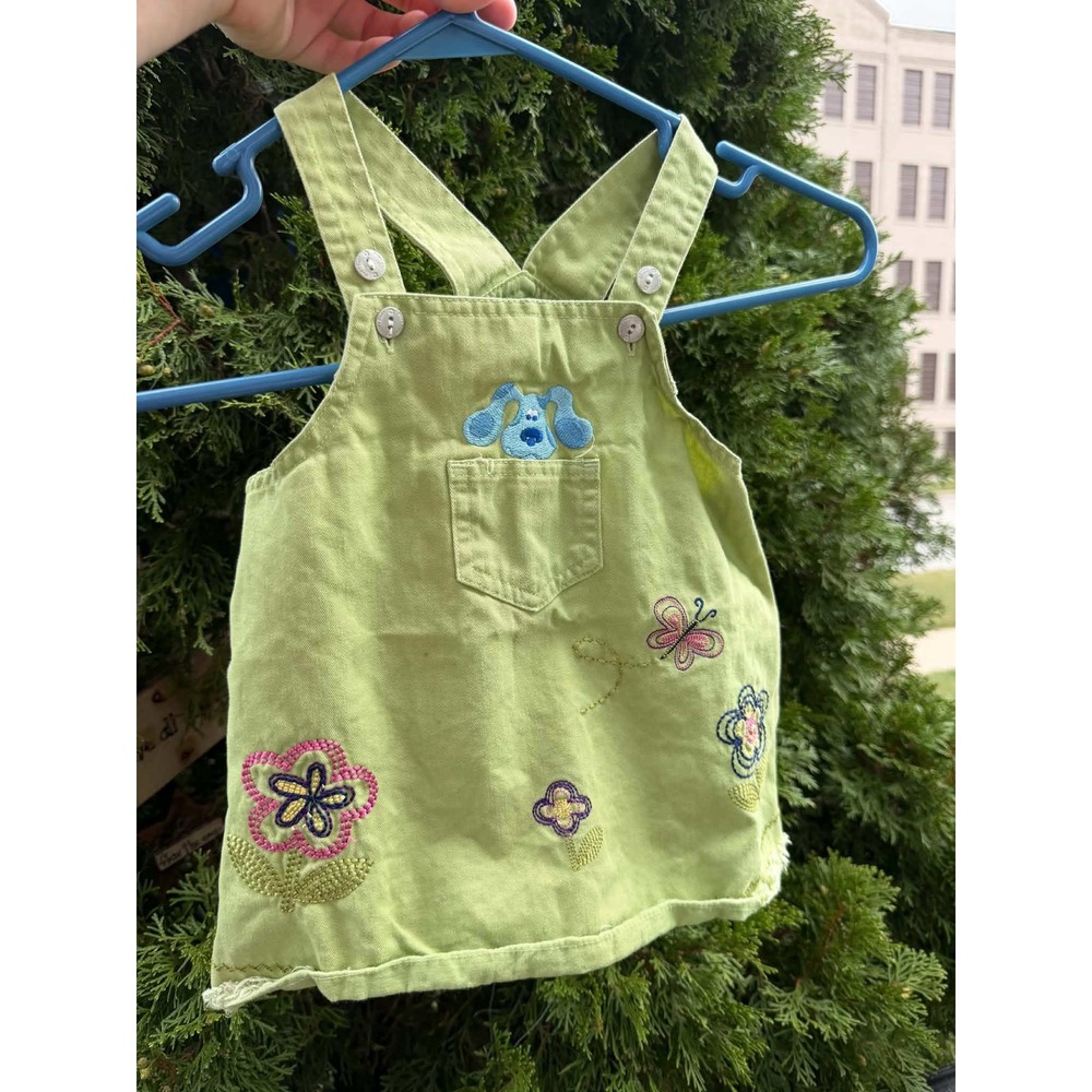 Vintage Blues Clues Lime Green Denim Overall Dress Girls 18M Embroidered Flower